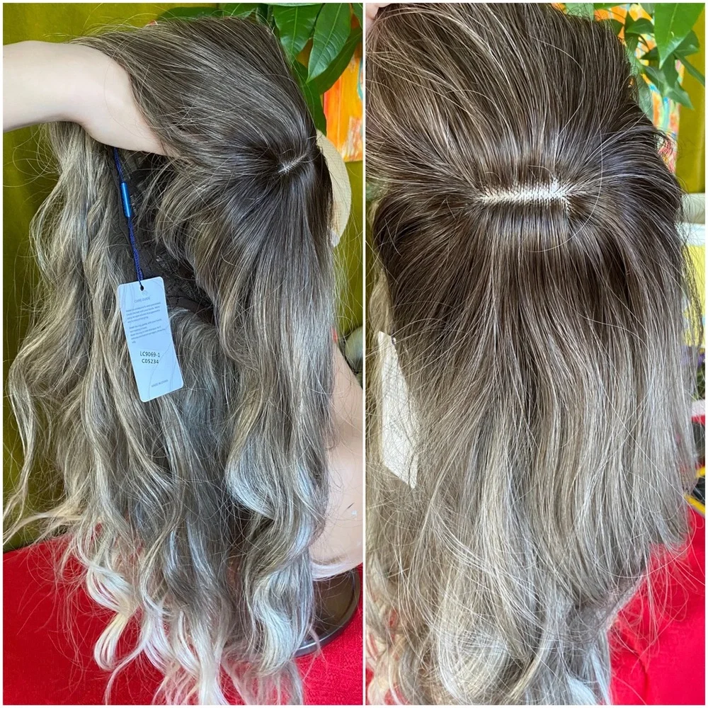 Ash tones brunette blonde wig with bangs